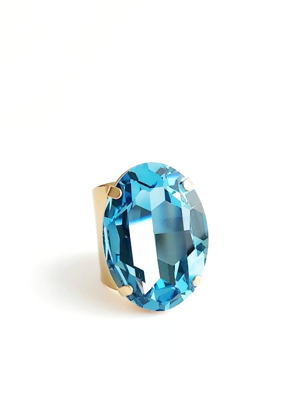 Aquamarine Austrian Crystal Statement Ring - Gold - Adjustable